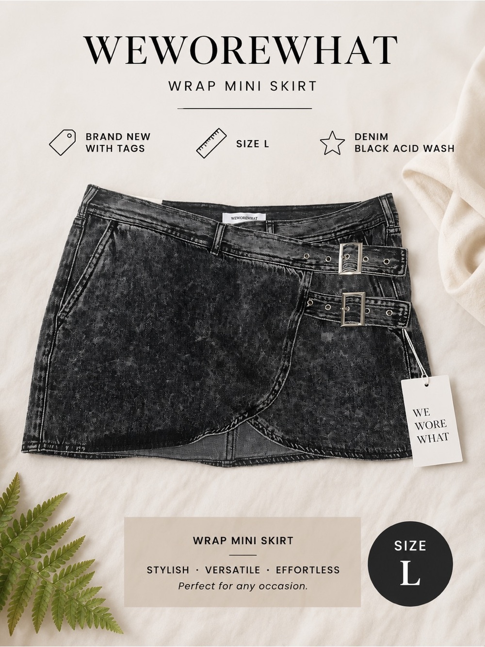 WeWoreWhat Black Acid Wash Denim Wrap Mini Skirt